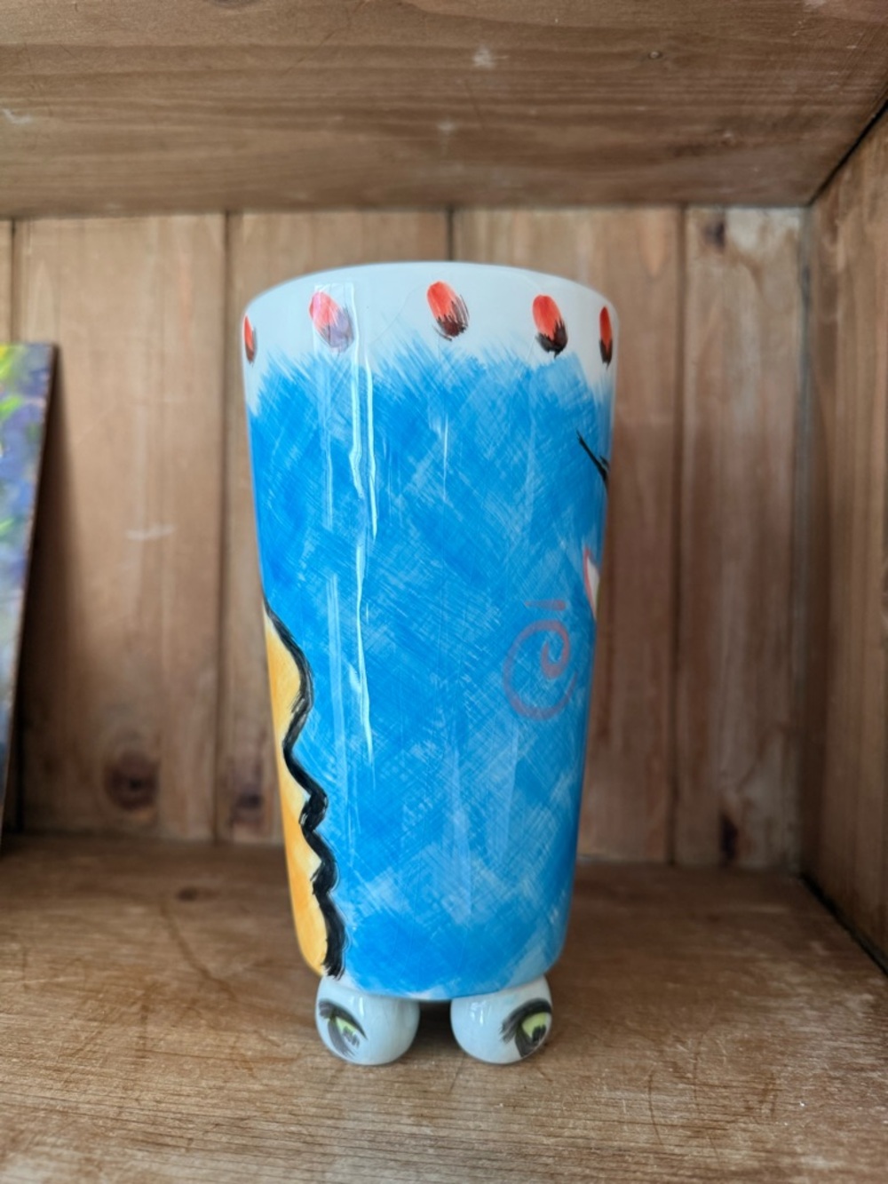 Hand-Painted Blue & Yellow Ceramic Art Mug with Red Handle - Picture 3 of 5